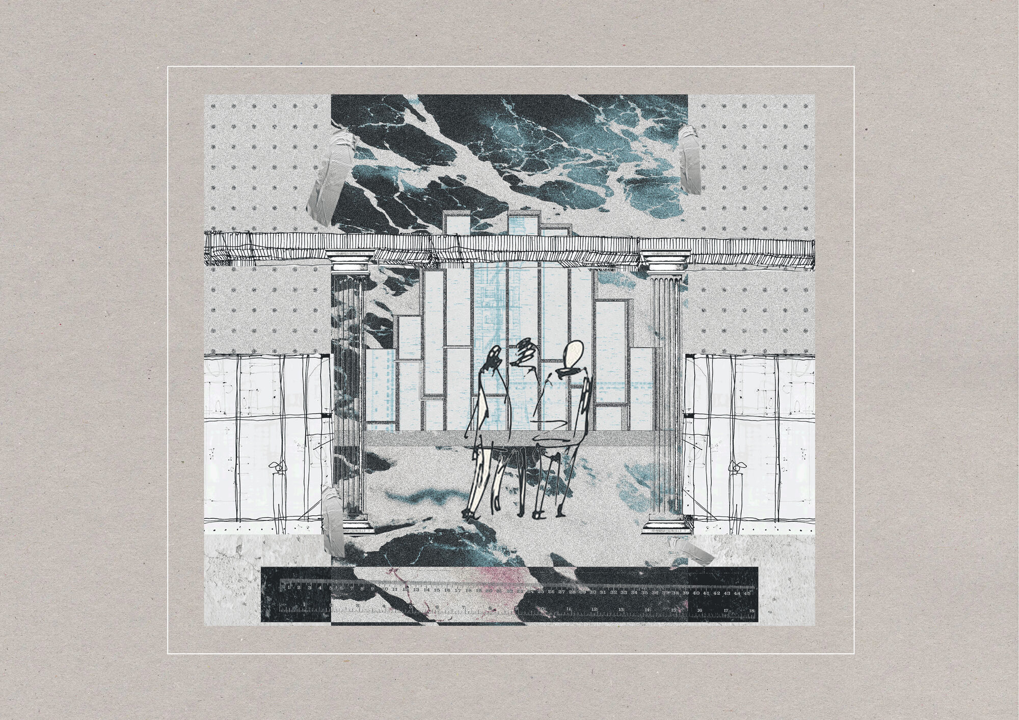 Moodboard collage of marble, columns, blueprint and figures