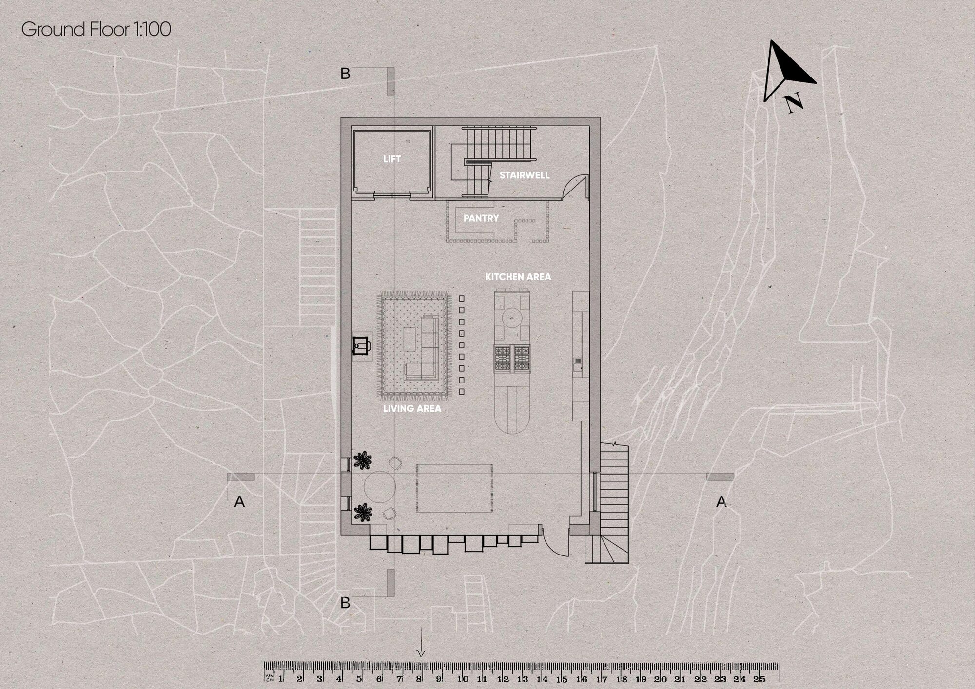 Ground floor plan, kitchen and living