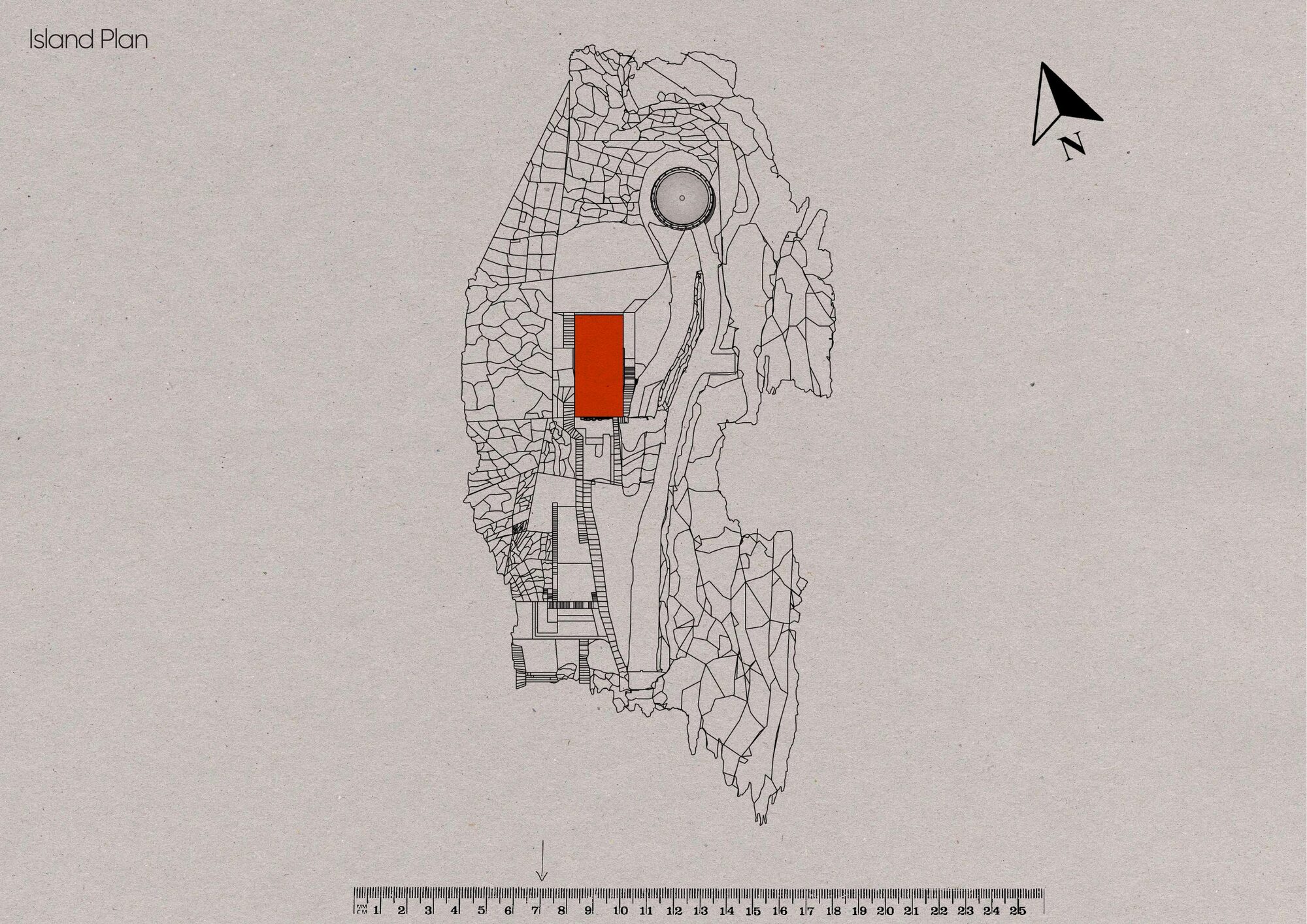 Whole-island plan with the building location highlighted in red