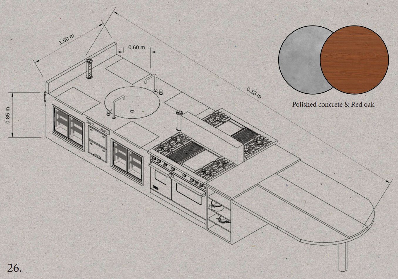 Isometric detail drawing of the kitchen with dimensions
