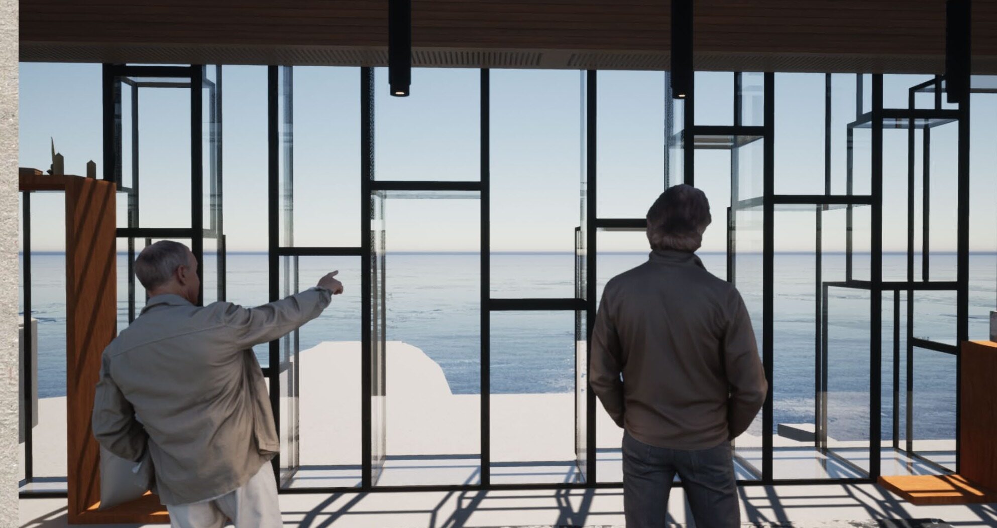 Two figures at the window looking out to sea