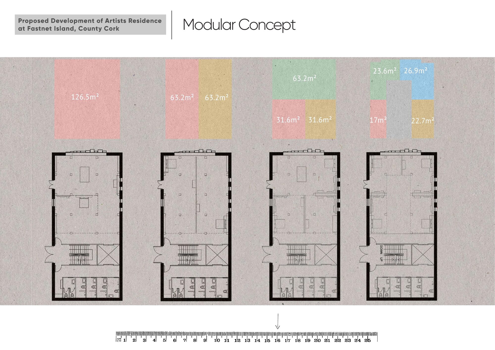Four configurations of the modular floor with area breakdowns