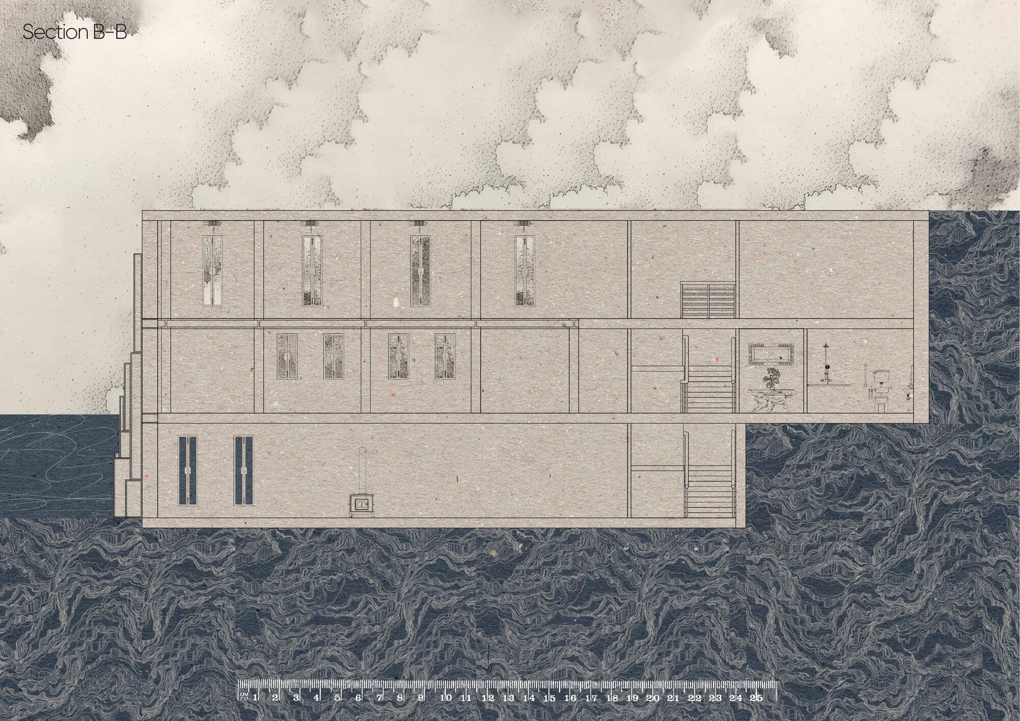 Section B-B, full building cut with sea and sky collage treatment
