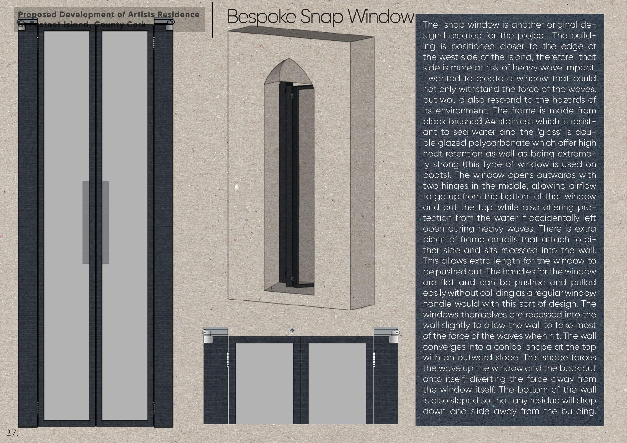 Axonometric and plan detail of the bespoke snap window