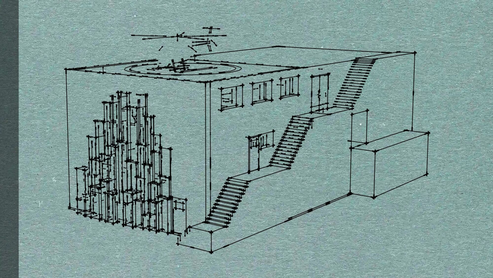 Stacked-window structural axonometric showing the hidden exit tunnel