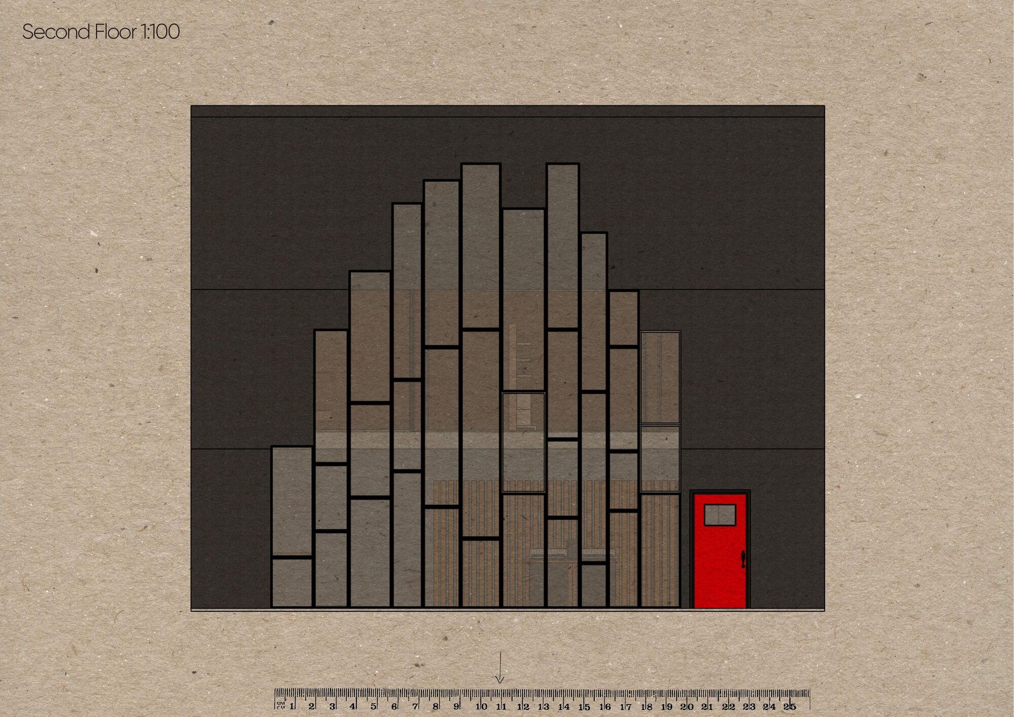 Slate-inspired stacked window elevation with a red door