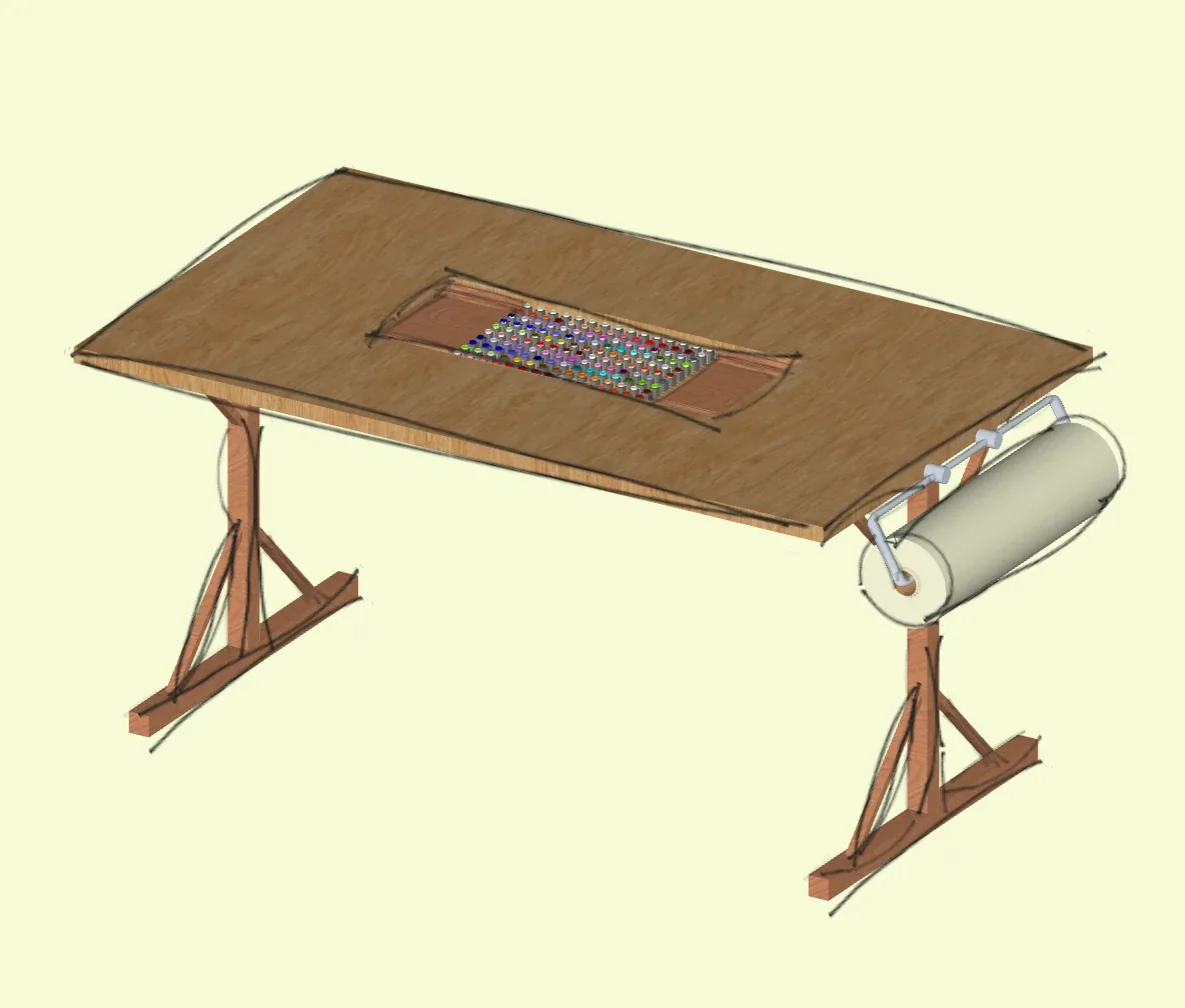 Bespoke timber workshop table with an integrated drawing surface