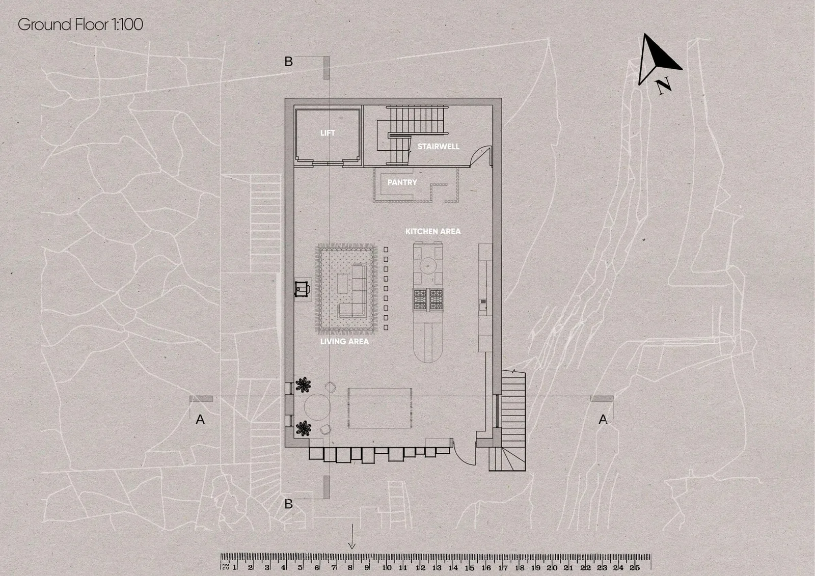 Ground floor plan, kitchen and living