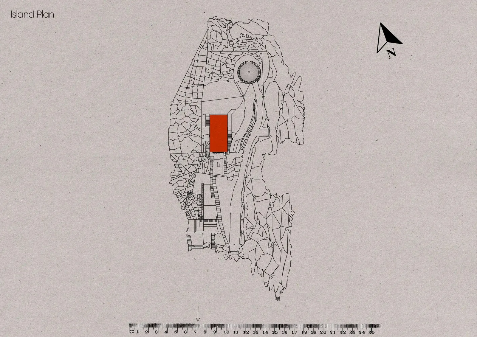 Whole-island plan with the building location highlighted in red