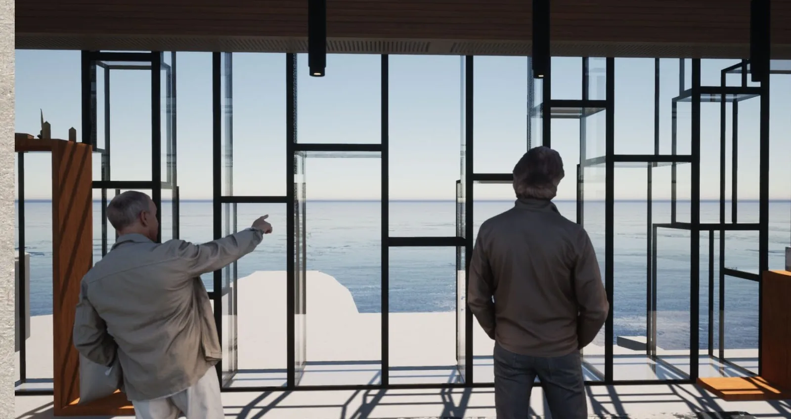 Two figures at the window looking out to sea