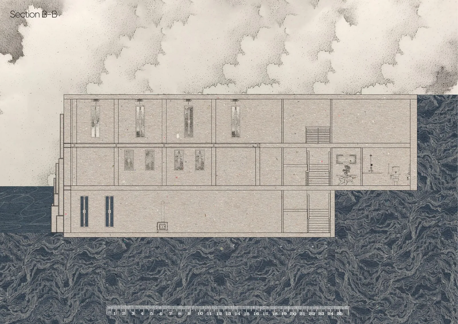 Section B-B, full building cut with sea and sky collage treatment
