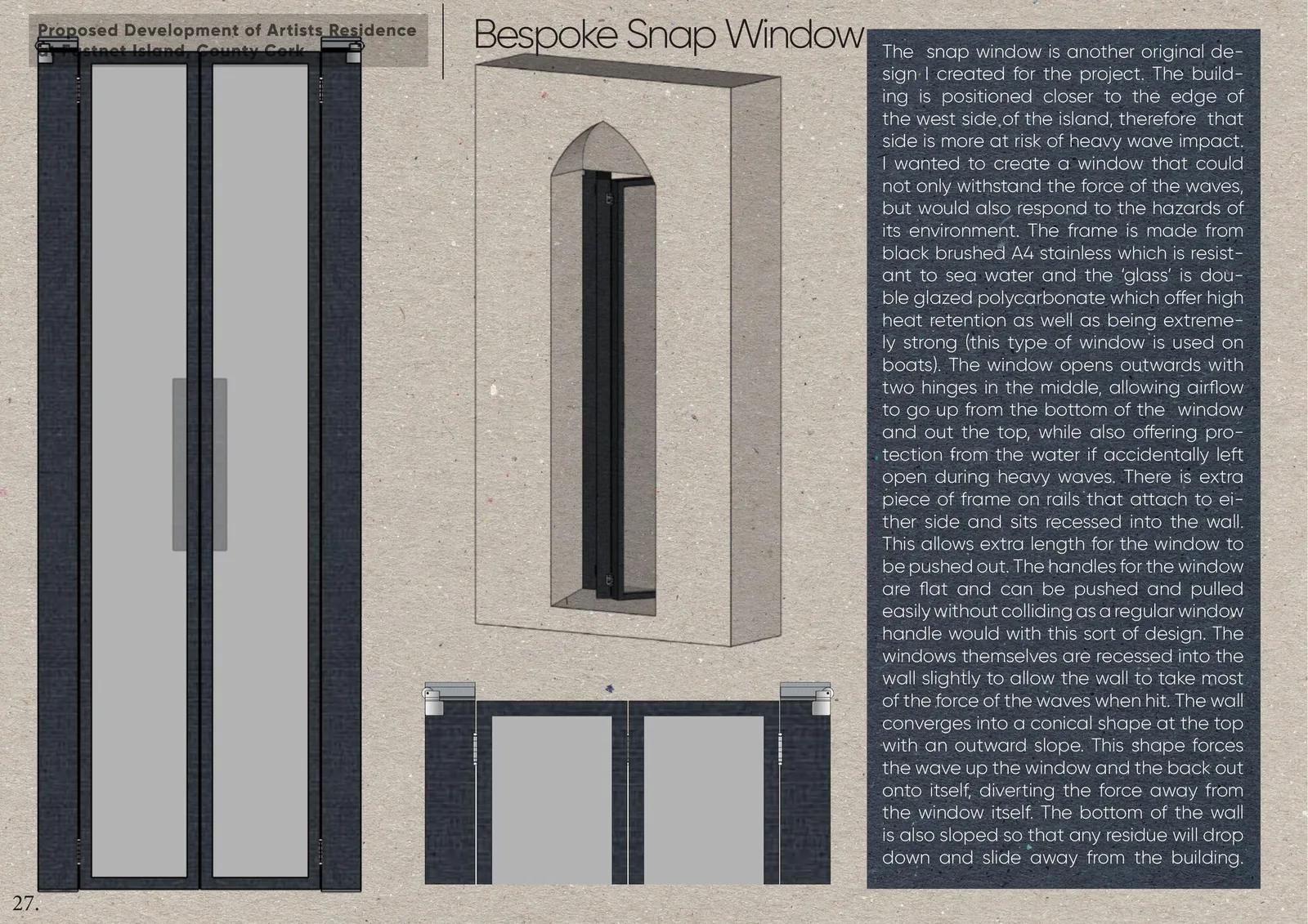 Axonometric and plan detail of the bespoke snap window