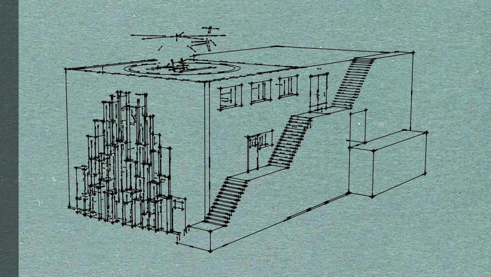 Stacked-window structural axonometric showing the hidden exit tunnel