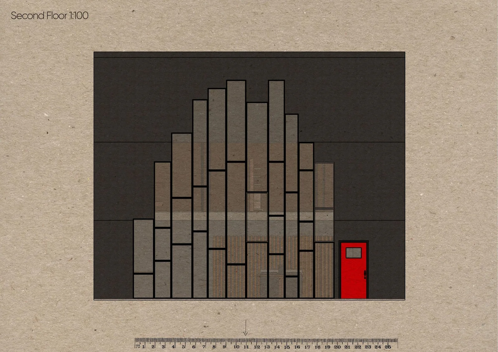 Slate-inspired stacked window elevation with a red door