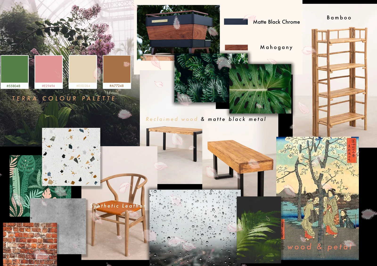 Terra material palette with reclaimed timber, brick, planting and terrazzo