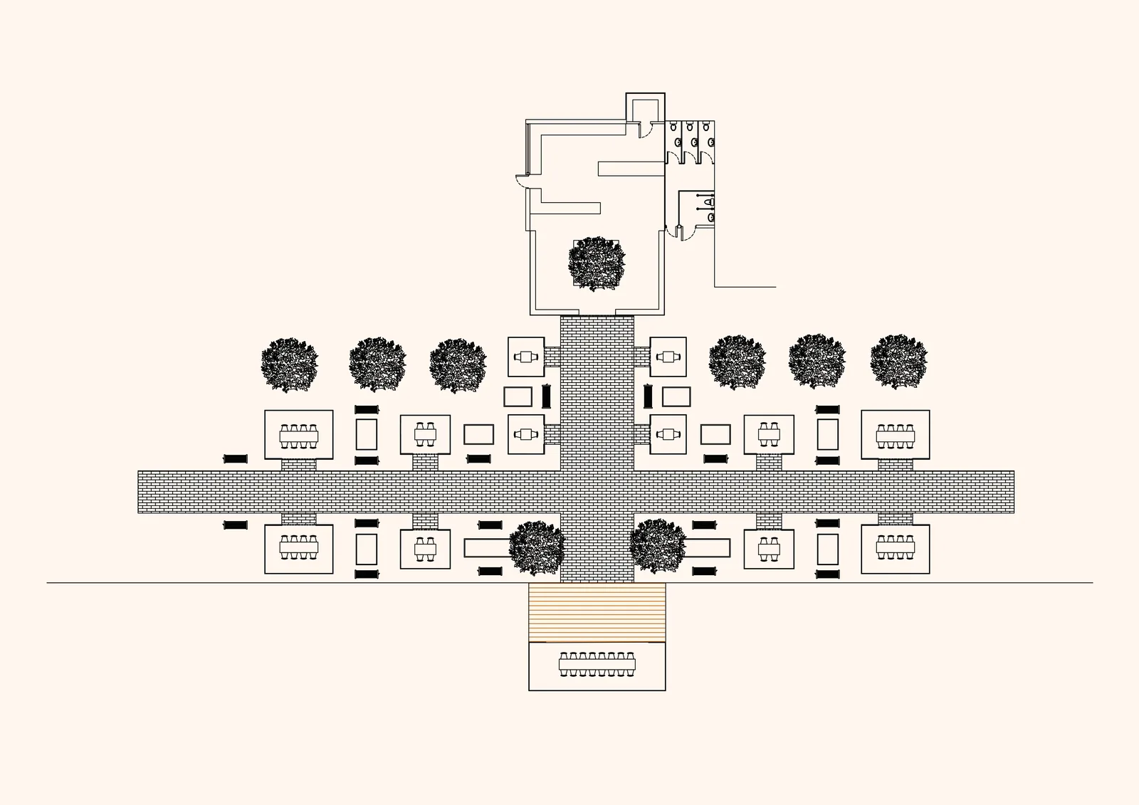 Plan of the café, greenhouse, dining pods and riverside deck