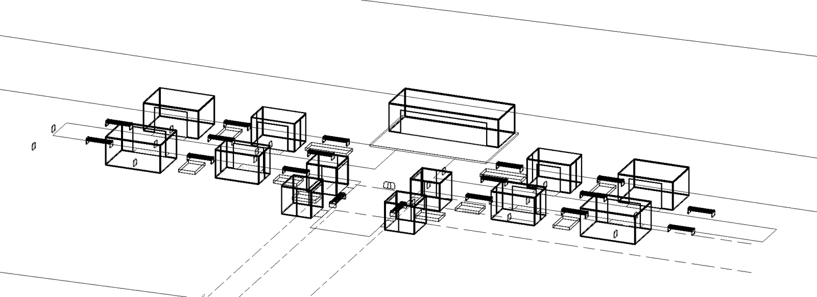 Axonometric drawing of the glazed dining pods across the park setting