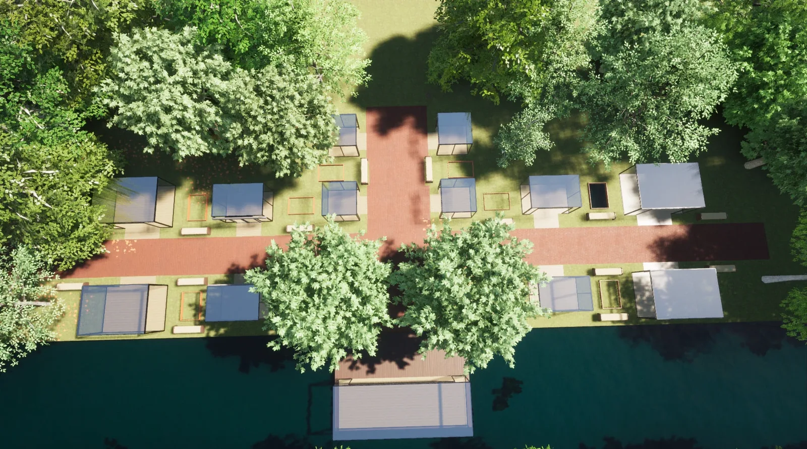Aerial visualisation of Terra's paths, planting, dining pods and dock