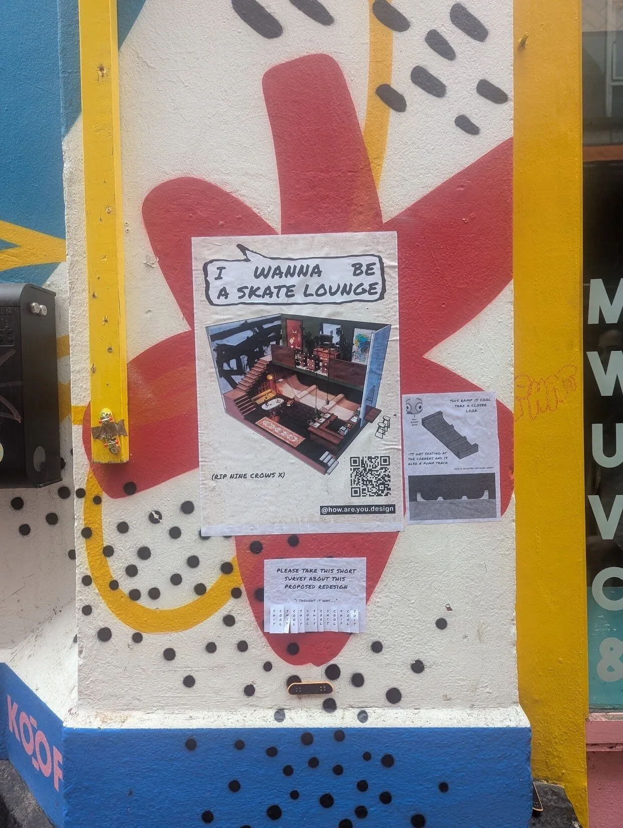 Skate Lounge proposal and survey posters installed on a Cork street