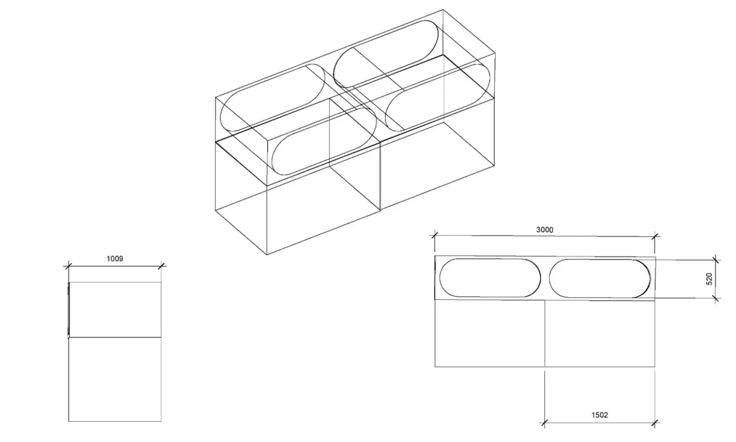 Granite display counter specification drawing with plan, elevation and axonometric views