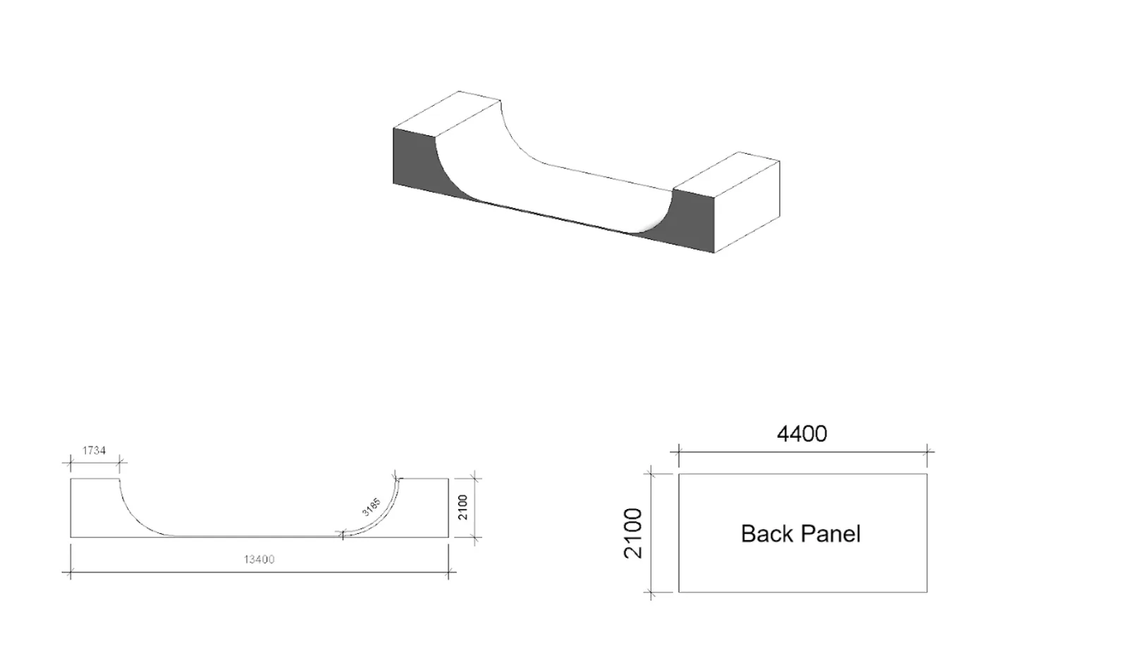 Half-pipe specification drawing with overall dimensions and back panel detail