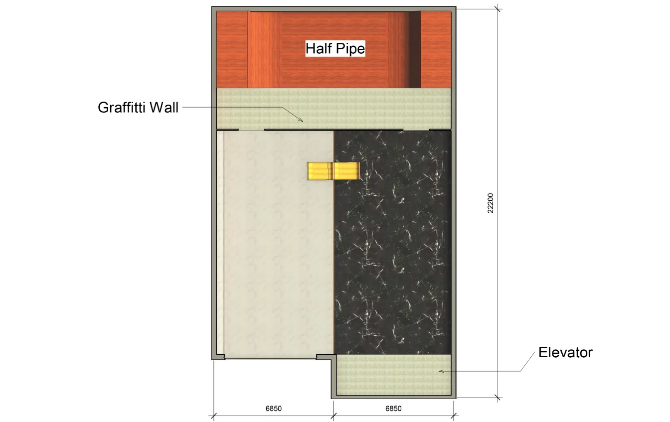 Ground-floor plan showing the retail area, graffiti wall, half-pipe and elevator