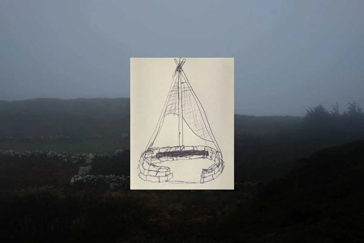 Early pen sketch composited over a photo of the site