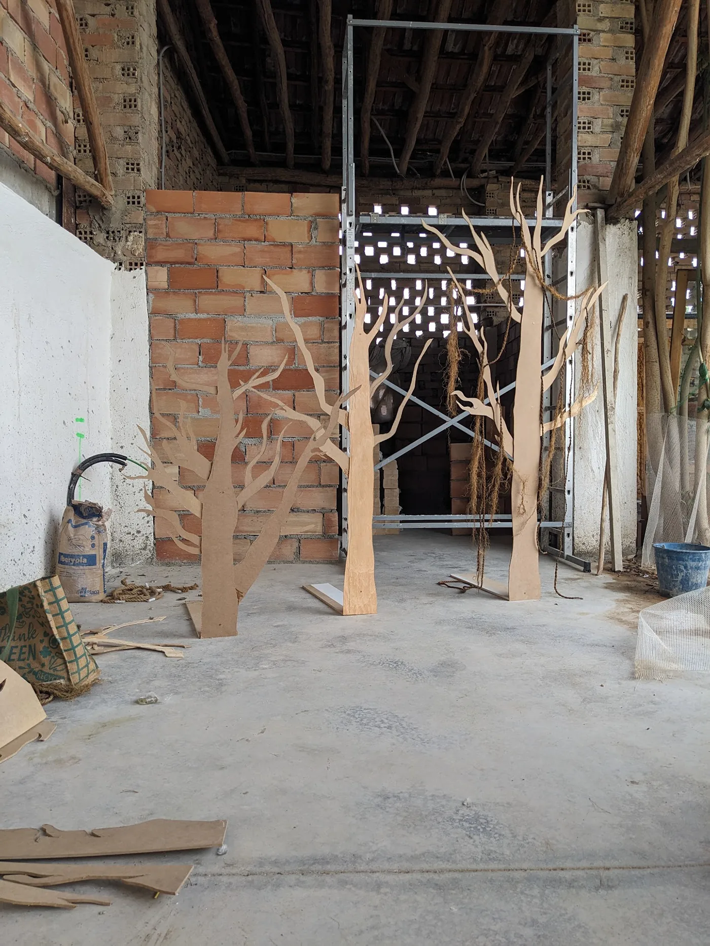 Timber tree elements being assembled in the workshop
