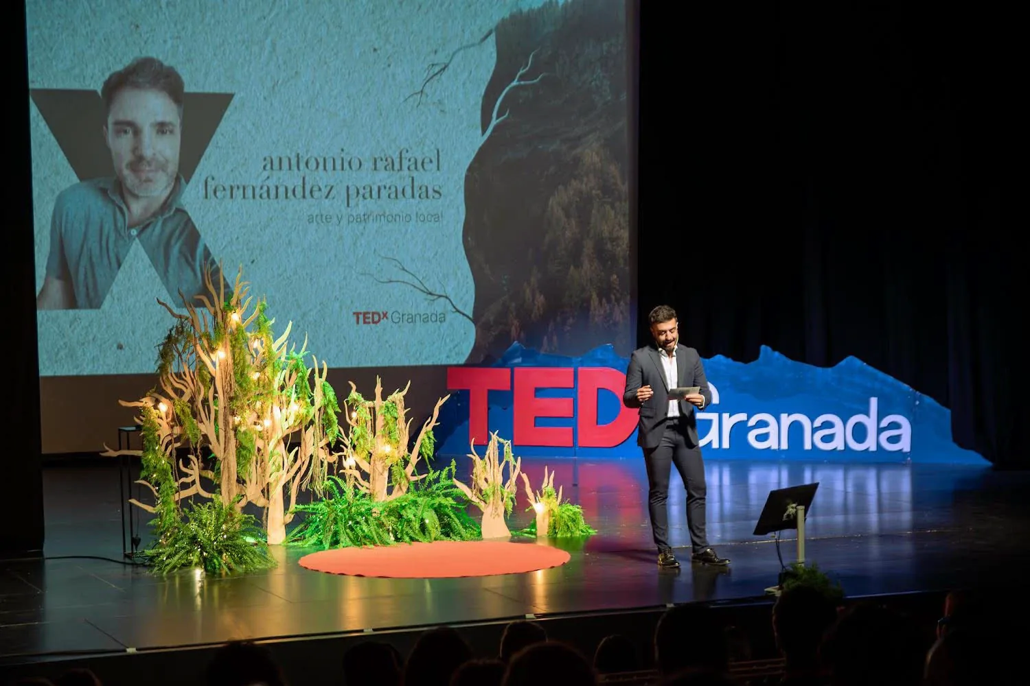 Completed TEDxGranada stage with illuminated foliage and timber forms
