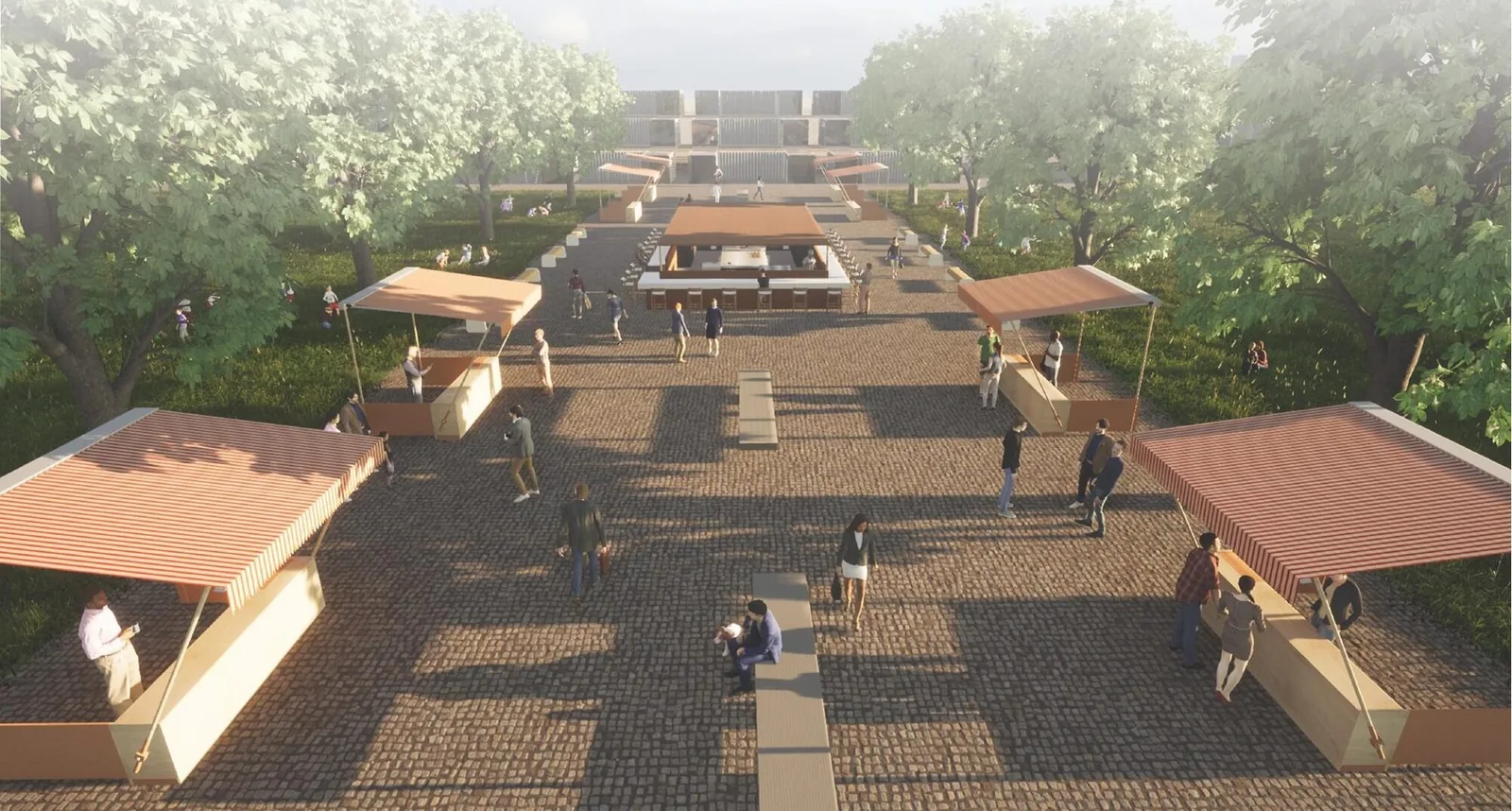 Street-level render looking down the market lane towards the café and bar