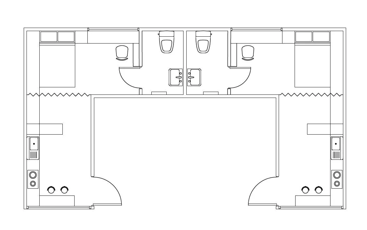 Floor plan of the shared bedroom and bathroom, two mirrored homes