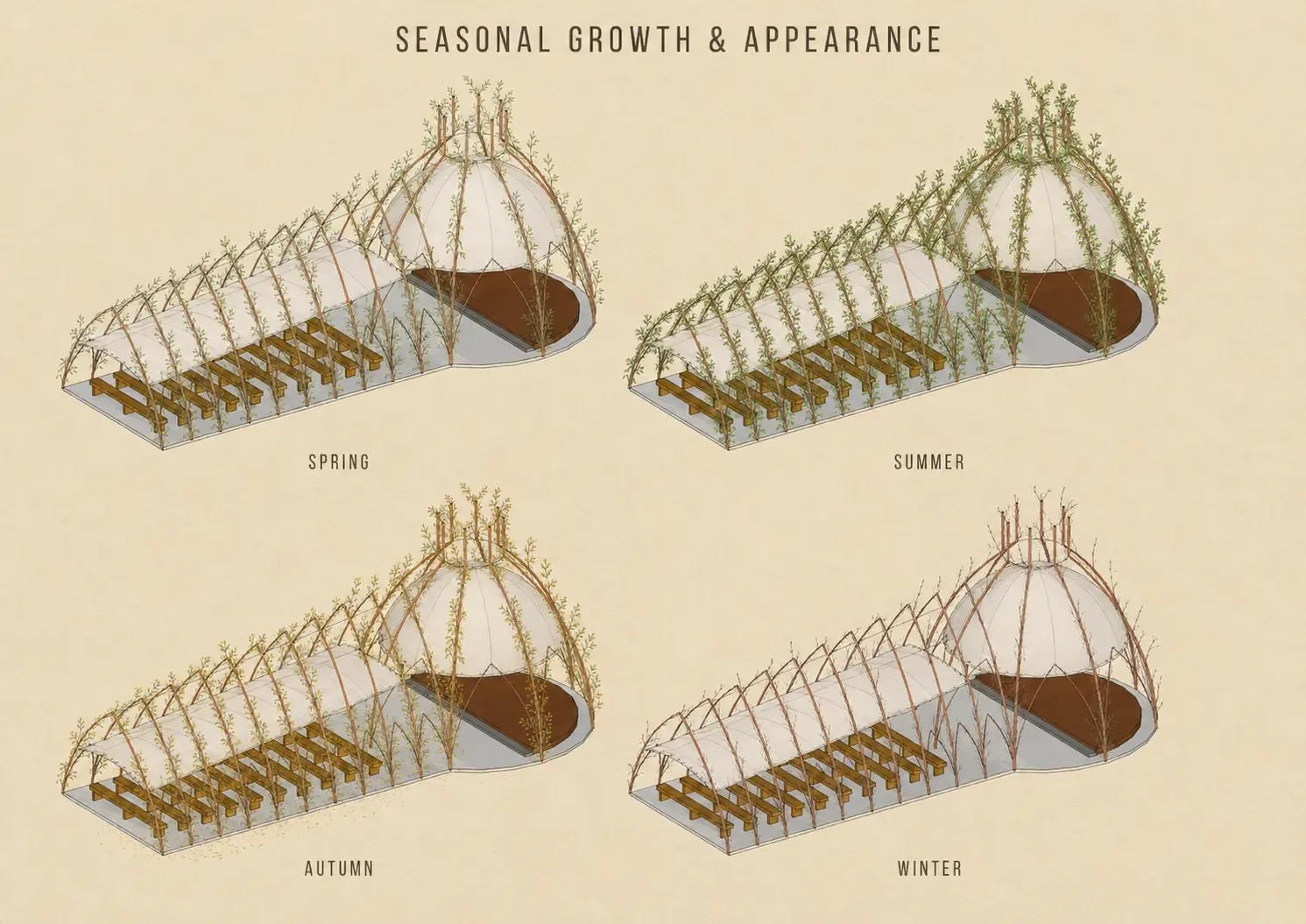 Four isometric drawings showing the willow pavilion through spring, summer, autumn and winter