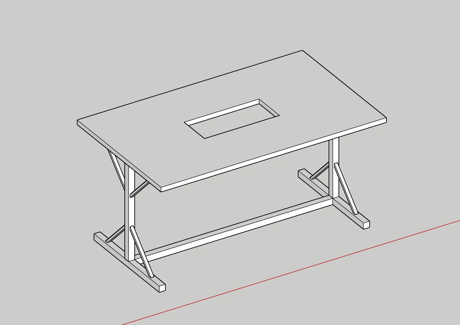 Three-dimensional drawing of the timber workshop table frame and recessed well