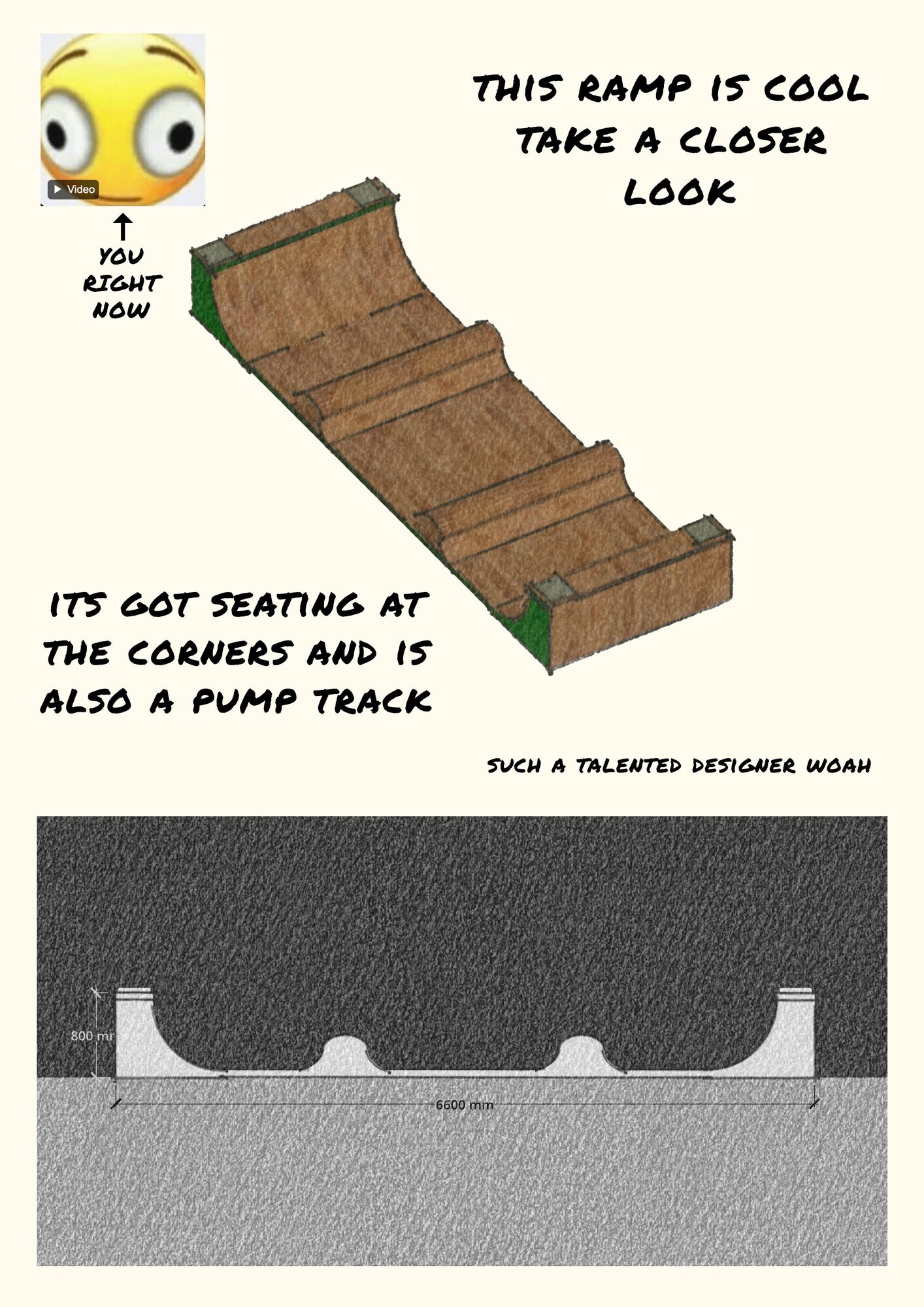 The this ramp is cool poster, axonometric and cross-section of the pump track and corner seating