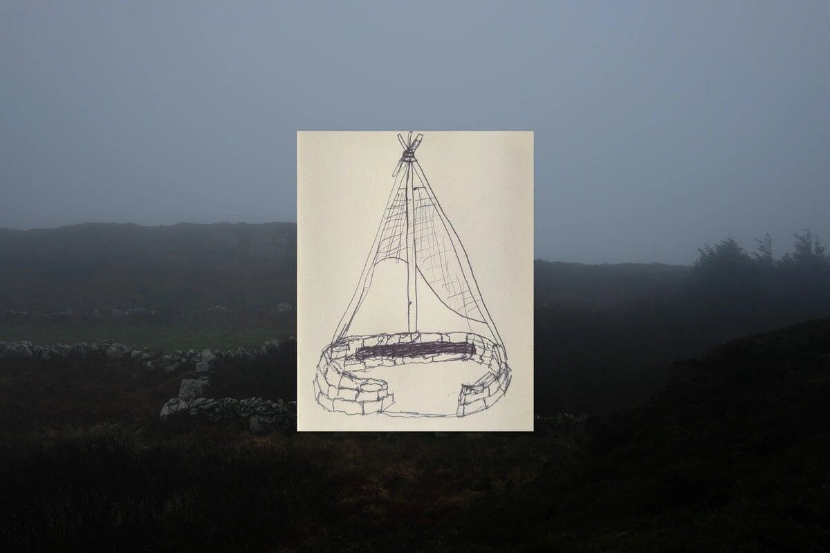 Early pen sketch composited over a photo of the site