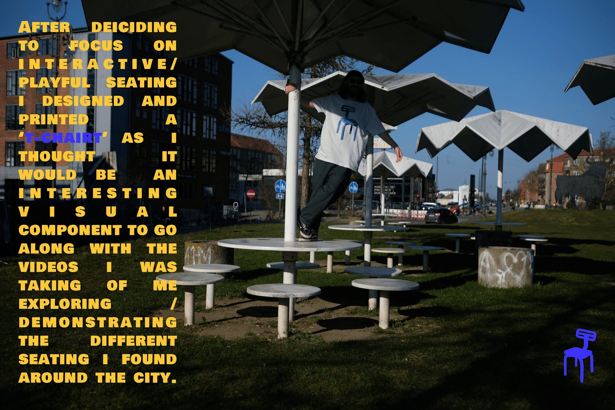 A cluster of public tables and stools in the city