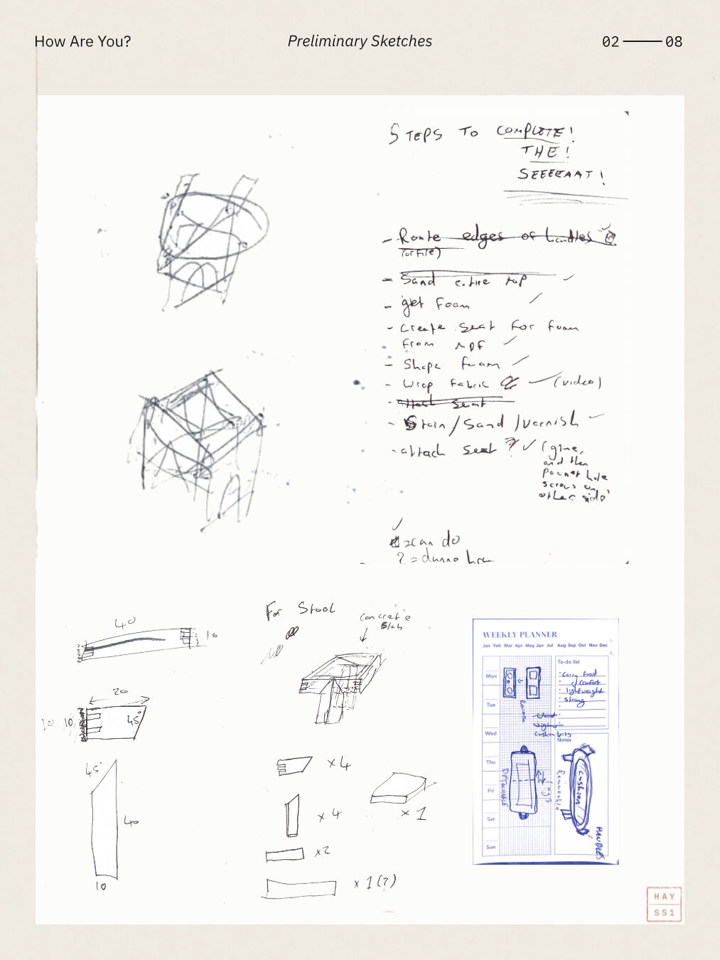 Preliminary sketches, dimensions and a handwritten to-do list