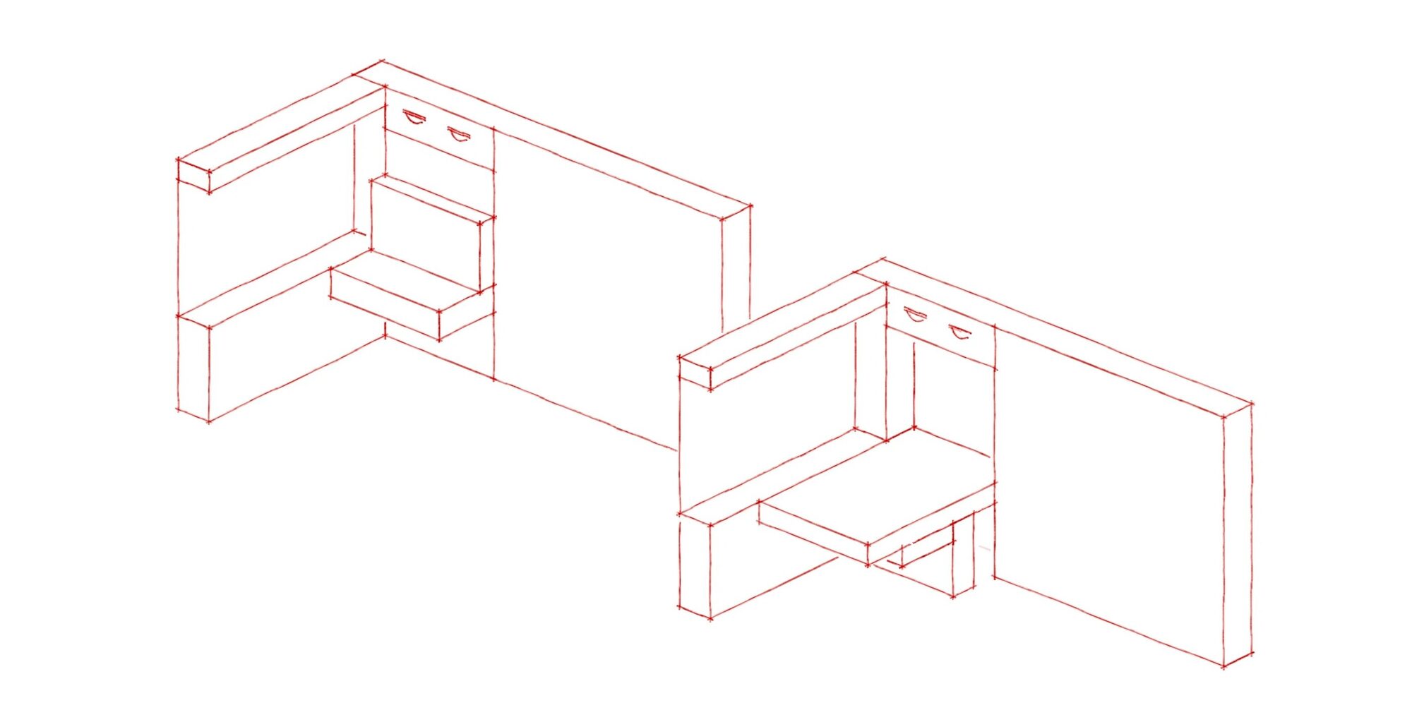Red-line isometric sketch of a seating nook that folds into a Murphy-style bed