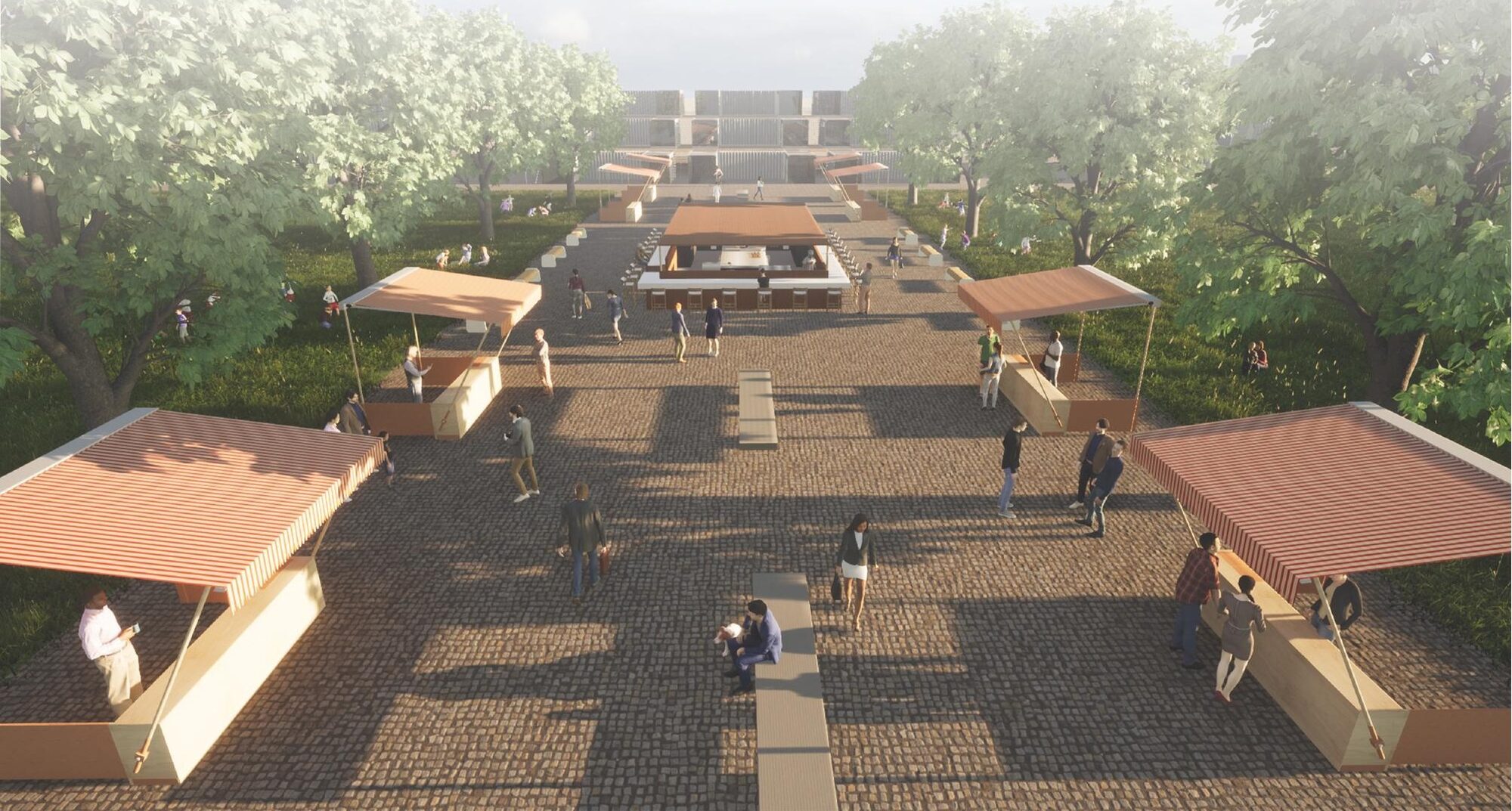 Street-level render looking down the market lane towards the café and bar
