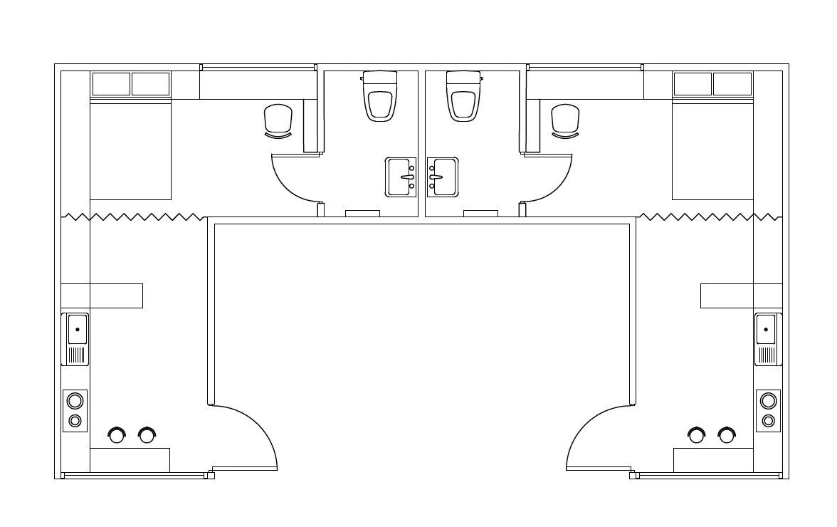 Floor plan of the shared bedroom and bathroom, two mirrored homes